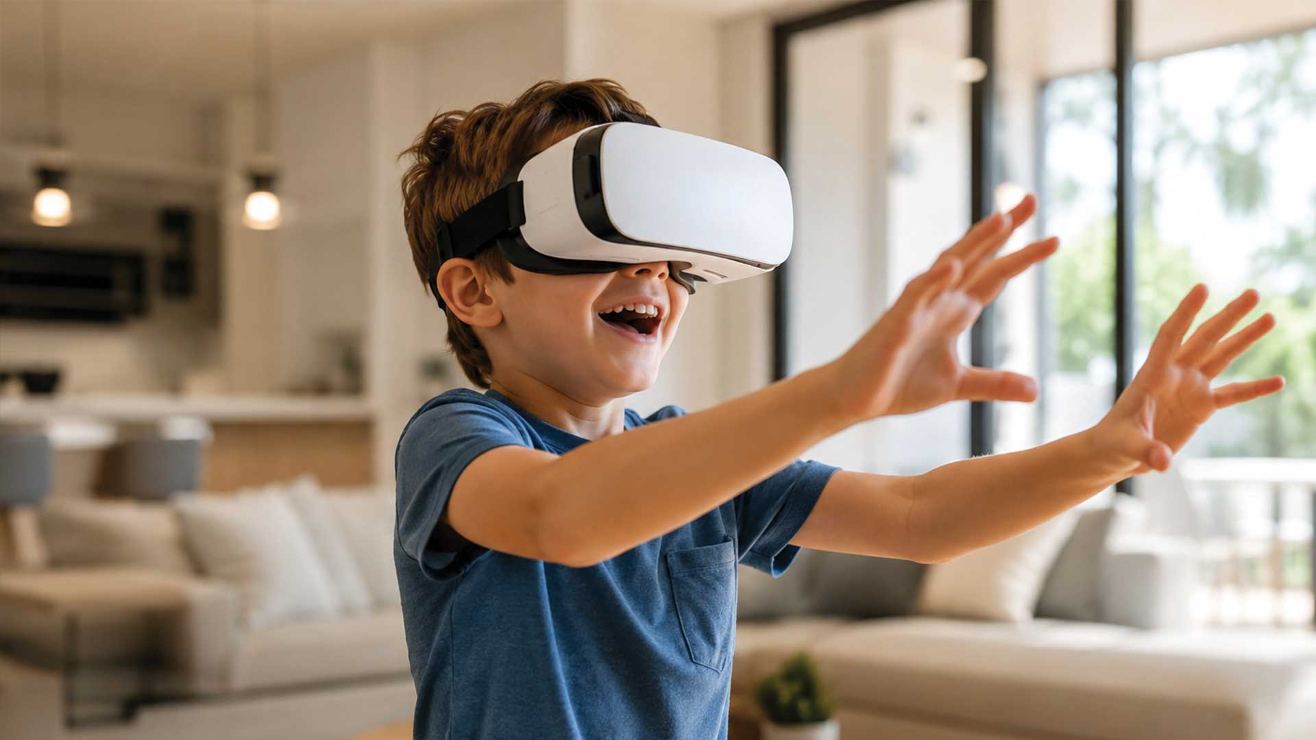 Child exploring a virtual home walkthrough in a VR headset