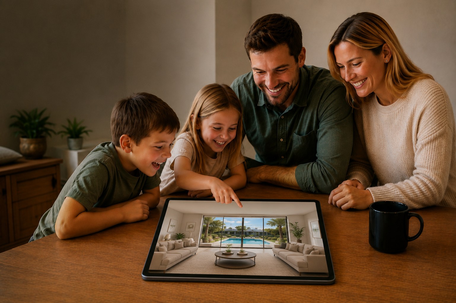 Family viewing their new home design together on a tablet