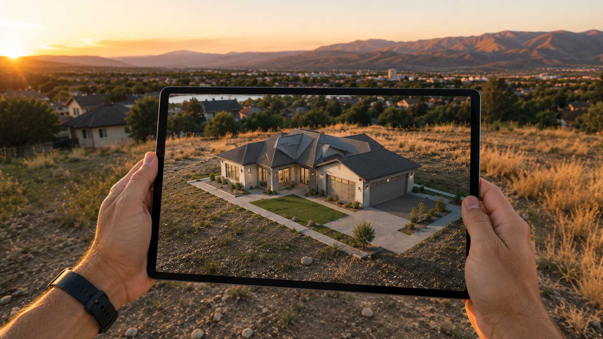 Tablet showing an aerial view of a completed home on its block