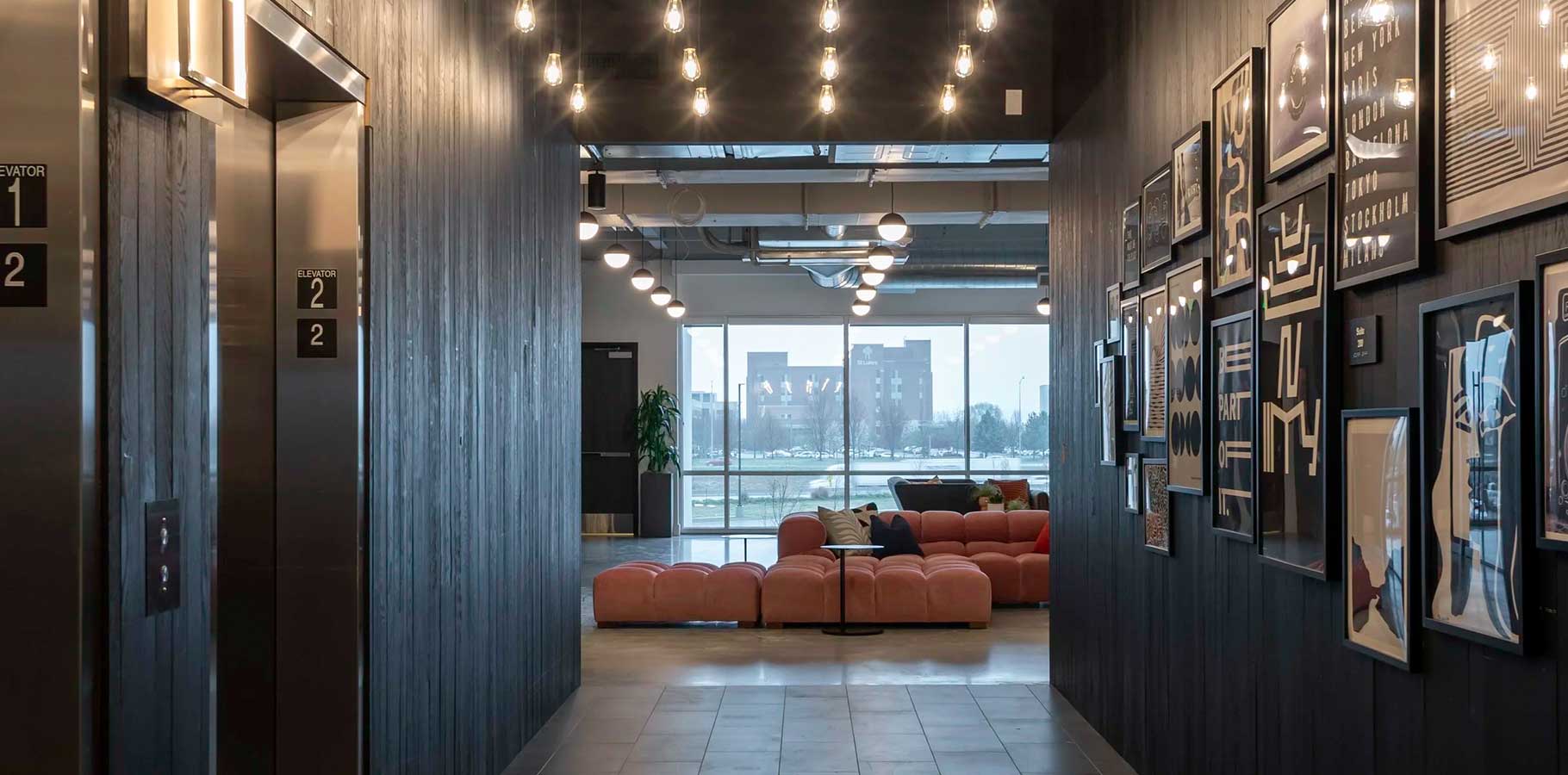 Interior of a modern office reception with lounge seating
