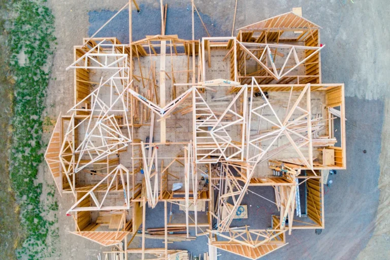 Aerial view of a house frame under construction